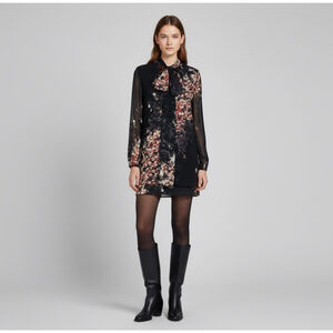 Intermix Black & Brown Floral Print 100% Silk Shift Dress Tunic Necktie Small